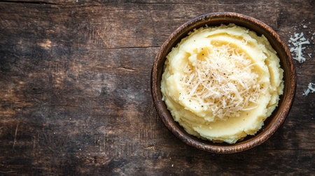 Bowl of mashed potatoes with grated parmesan on a rustic wood surface, photographed from above. The textured wood provides ample copy space for textの素材