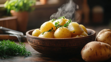 Boiled potatoes in a rustic bowl, steam rising, with a masher and herbs beside them, ready to be mashed in a cozy, warmly lit kitchenの素材
