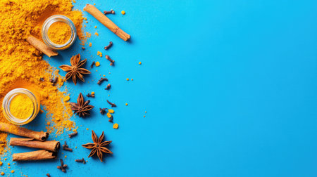 Bright blue surface with organic turmeric, cinnamon, star anise, and turmeric powder, arranged in a flat lay, with ample space for text or design elementsの素材