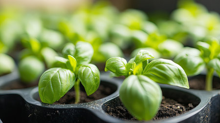 Basil sprouts growing in seed tray holes, ready for transplanting into a home garden. Focus on the fresh green leaves.の素材
