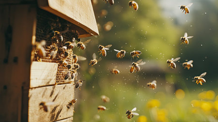 Bees swarming around the entrance of a heavily populated hive, captured in flight as they navigate the spring air, symbolizing productivity and teamwork.の素材