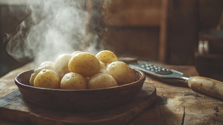 Boiled golden potatoes on a rustic wooden table, softened and steaming, a masher placed beside them, with natural light highlighting their warm textureの素材
