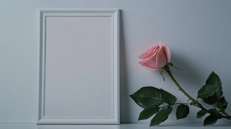 Blank frame poster and a single pink rose resting on a table. A simple yet stylish scene, great for displaying mockups or home decor inspirations.の素材