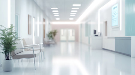Blurry hospital clinic interior with soft-focus on furniture and lighting, creating a clean and professional background for medical or healthcare presentations.の素材
