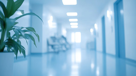 Blurry view of a bright, clean hospital clinic interior, featuring defocused hallways and medical equipment, perfect for healthcare office or medical setting visuals.の素材