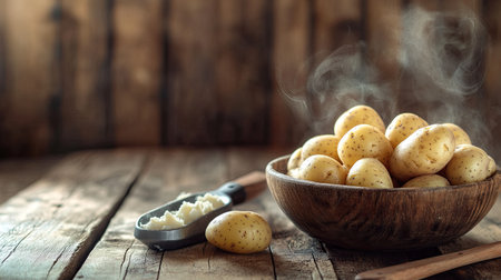 Boiled golden potatoes on a rustic wooden table, softened and steaming, a masher placed beside them, with natural light highlighting their warm textureの素材