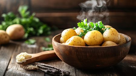 Boiled potatoes in a rustic bowl, steam rising, with a masher and herbs beside them, ready to be mashed in a cozy, warmly lit kitchenの素材