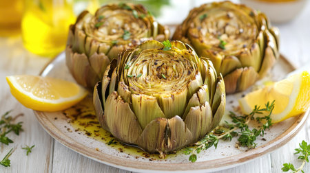 Carciofi alla romana on a white wooden table, glistening with olive oil and fresh herbs. Traditional Italian artichoke dish paired with lemon wedges and a spicy sauce.の素材