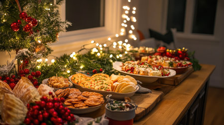 Christmas appetizers served on a holiday-themed table, complete with seasonal decorations and festive lights, perfect for a cozy holiday gathering.の素材