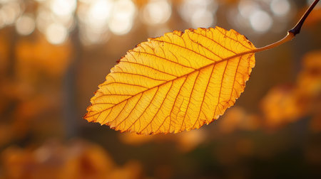 Close-up of a golden-yellow leaf in autumn, with a background of orange trees and bright bokeh, capturing the essence of a sunny day in the park.の素材