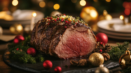 Close-up of a roast beef fillet on the Christmas table, served with holiday garnishes and surrounded by festive decor. Perfect for a cozy family gathering.の素材