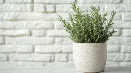 Close-up of a rosemary plant in a modern ceramic pot against a white brick wall with soft shadows and space for text on one side.の素材