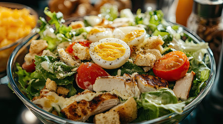 Close-up of a Caesar salad in a transparent glass bowl, packed with lettuce, juicy tomatoes, boiled egg, and grilled chicken, topped with croutons and cheese.の素材