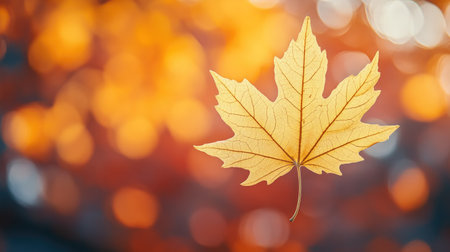 Close-up of a single yellow autumn leaf with bright orange trees in the background, set against a blurred bokeh backdrop, capturing the golden hues of fall in soft sunlight.の素材