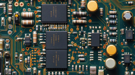 Close-up of a wireless audio circuit board, highlighting its micro components and clean traces on a white isolated background.の素材