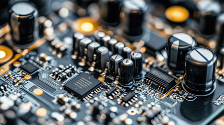 Close-up of a wireless audio circuit board with visible traces and components, isolated on white for tech product design.の素材