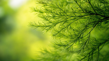 Close-up of lush green asparagus sprengeri tree branches with delicate needle-like leaves against a bright natural background, showcasing its vibrant greenery and intricate details.の素材