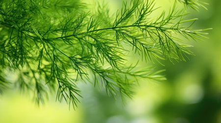 Close-up of lush green asparagus sprengeri tree branches with delicate needle-like leaves against a bright natural background, showcasing its vibrant greenery and intricate details.の素材