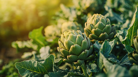 Close-up of fresh, ripe artichokes growing in a German slow food farm, surrounded by lush green leaves. Vibrant, organic produce ready for harvest.の素材