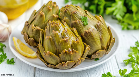 Close-up of traditional Italian artichoke "alla romana", cooked with olive oil, garlic, parsley, and lemon, served on a white wooden table with a spicy sauce. Rustic Italian cuisine vibes.の素材