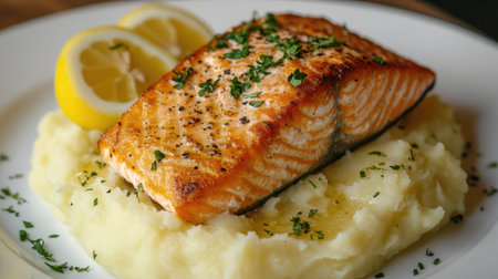 Crispy seared salmon fillet atop a bed of buttery mashed potatoes, elegantly presented on a white plate with fresh herbs and lemon slices.の素材