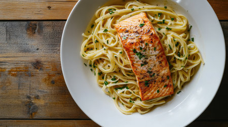Creamy pasta with a golden-brown salmon fillet on a white plate, shot from above on a wooden table. The dish exudes warmth and flavor, ideal for a hearty meal.の素材