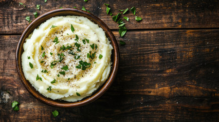 Creamy mashed potatoes sprinkled with parmesan cheese, placed in a rustic bowl on a wooden background. The top view allows for plenty of copy space around the dishの素材