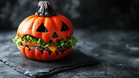 Creative Halloween burger shaped like a scary pumpkin, set on a dark stone background. A unique and eerie holiday food concept.の素材