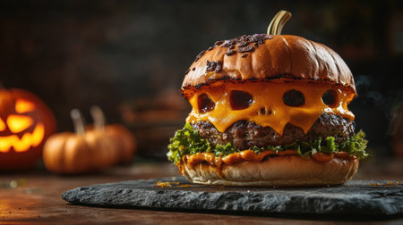 Creepy Halloween pumpkin burger resting on a textured stone surface, perfect for a festive and fun holiday food concept.の素材