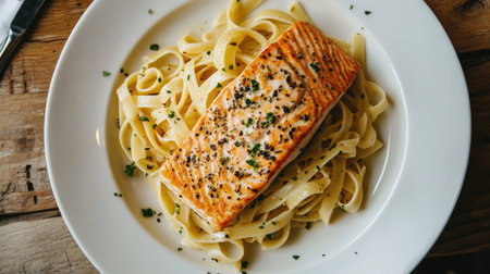Creamy pasta with a golden-brown salmon fillet on a white plate, shot from above on a wooden table. The dish exudes warmth and flavor, ideal for a hearty meal.の素材