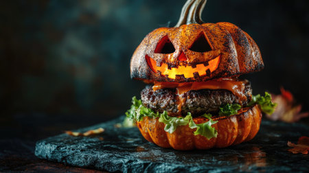 Creepy Halloween pumpkin burger resting on a textured stone surface, perfect for a festive and fun holiday food concept.の素材