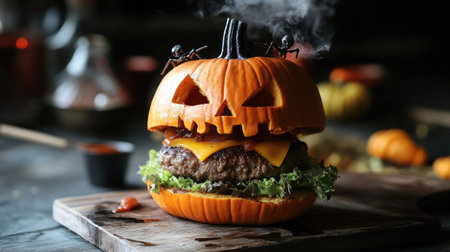 Creative Halloween burger with a pumpkin-head roll and juicy beef patties, served in a spooky atmosphere. Perfect for holiday-themed party meals.の素材