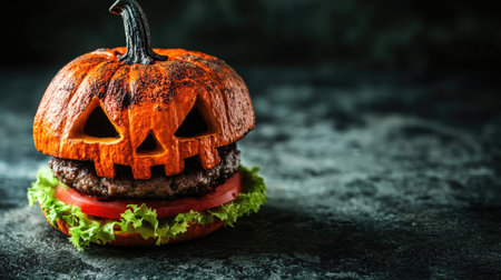 Creative Halloween burger shaped like a scary pumpkin, set on a dark stone background. A unique and eerie holiday food concept.の素材