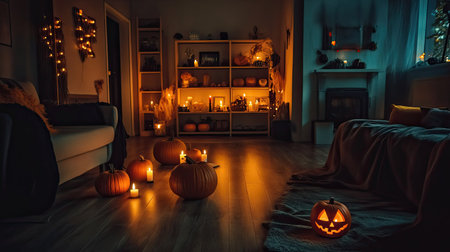 Dark living room with Halloween pumpkins on the floor, surrounded by burning candles, casting an eerie glow across the space, with shadows flickering on the walls.の素材