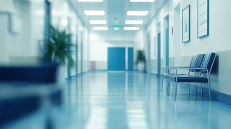 Defocused view of a bright hospital clinic with blurred hallways and reception areas, ideal for healthcare visuals or medical office backgrounds.の素材