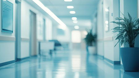 Defocused view of a bright hospital clinic with blurred hallways and reception areas, ideal for healthcare visuals or medical office backgrounds.の素材