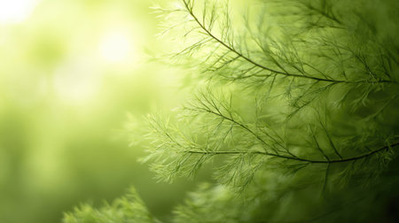 Detail shot of the delicate, feathery branches of an asparagus sprengeri tree, with a soft focus background to highlight the plant's texture and vibrant green color.の素材