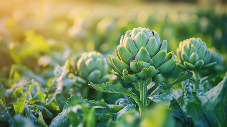 Fresh artichokes growing in a sustainable German slow food farm, with lush green fields and healthy plants ready for harvest. Organic farming focus.の素材