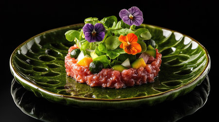 Exquisite tartare beef flower circle salad on a green plate with onion, salad, carrot, and edible flowers, set against a black reflective table in a fine dining Japanese restaurant.の素材