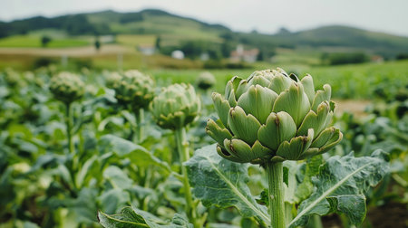 Fresh, ripe artichokes growing in the fields of a German slow food farm, surrounded by greenery and natural landscapes. Organic and sustainable farming at its best.の素材