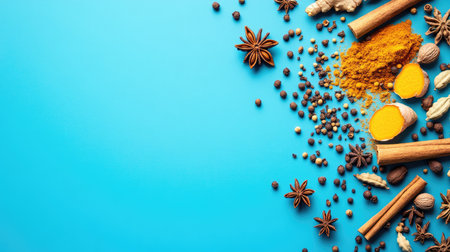 Flat lay of organic spices like turmeric, cinnamon, and star anise on a vibrant blue background. The minimalist composition leaves space for copyの素材