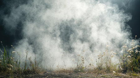 Ethereal white smoke gently flowing over the ground, creating a dreamy, mysterious atmosphere for stage productions, photo shoots, or special event settings.の素材