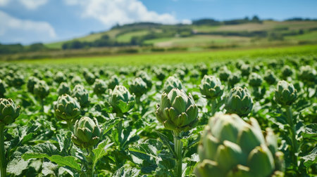 Fresh artichokes growing in a sustainable German slow food farm, with lush green fields and healthy plants ready for harvest. Organic farming focus.の素材