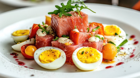 Fresh tuna meat paired with boiled eggs and a mix of colorful vegetables, garnished with herbs and a light dressing, served on a white plate for a nutritious meal.の素材