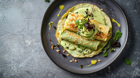 Gourmet green crepes with crab and avocado mousse, enhanced by hollandaise sauce, microgreens, and pumpkin seeds, beautifully plated on a gray concrete surface.の素材