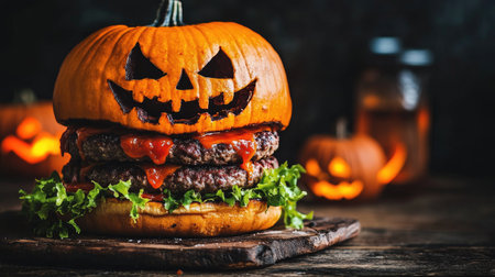 Halloween burger featuring a pumpkin head bun and big, juicy beef patties, styled for a creepy holiday feast. Perfect for festive food lovers.の素材