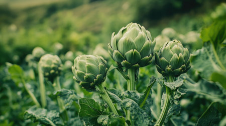 Fresh, ripe artichokes growing in the fields of a German slow food farm, surrounded by greenery and natural landscapes. Organic and sustainable farming at its best.の素材