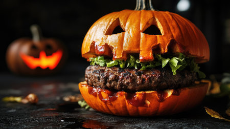 Halloween-themed burger with a pumpkin-shaped bun and juicy beef patties, creating a spooky yet delicious meal for the holiday celebration. Perfect for festive food ideas.の素材