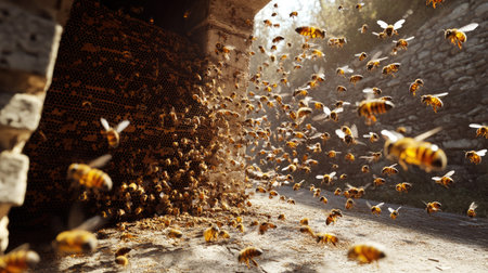 Heavily populated beehive entrance with bees swarming in the spring breeze, creating a dynamic and natural scene full of buzzing activity.の素材