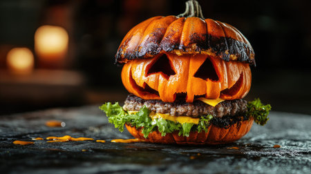 Halloween-themed burger resembling a carved pumpkin, placed on a stone background. Ideal for festive and spooky holiday food ideas.の素材